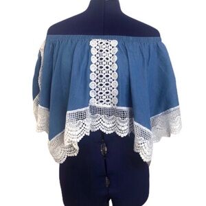 Hot & Delicious Blue White Lace Off Shoulder Top